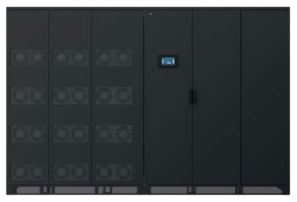 Black industrial server rack with cooling fans and control panel for data center or IT infrastructure.