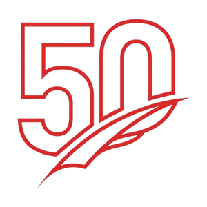 Red and white anniversary logo featuring the number 50 with a swoosh design.