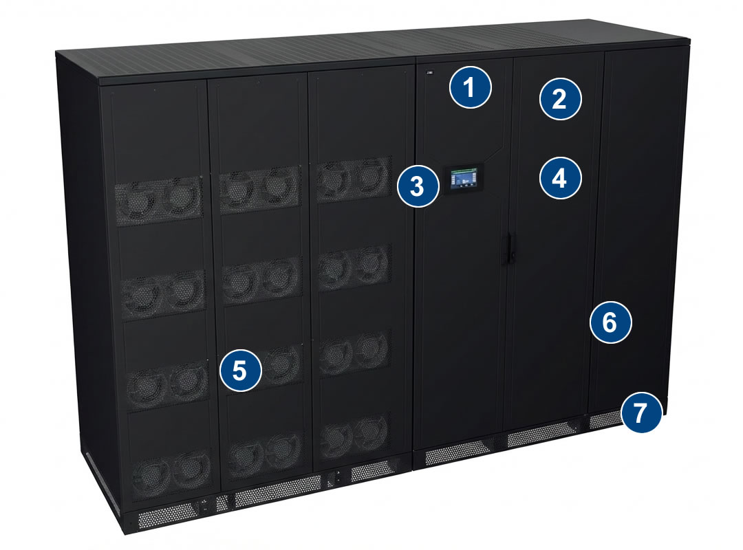 Black server rack with cooling fans and control panel, numbered sections for easy identification and functionality.