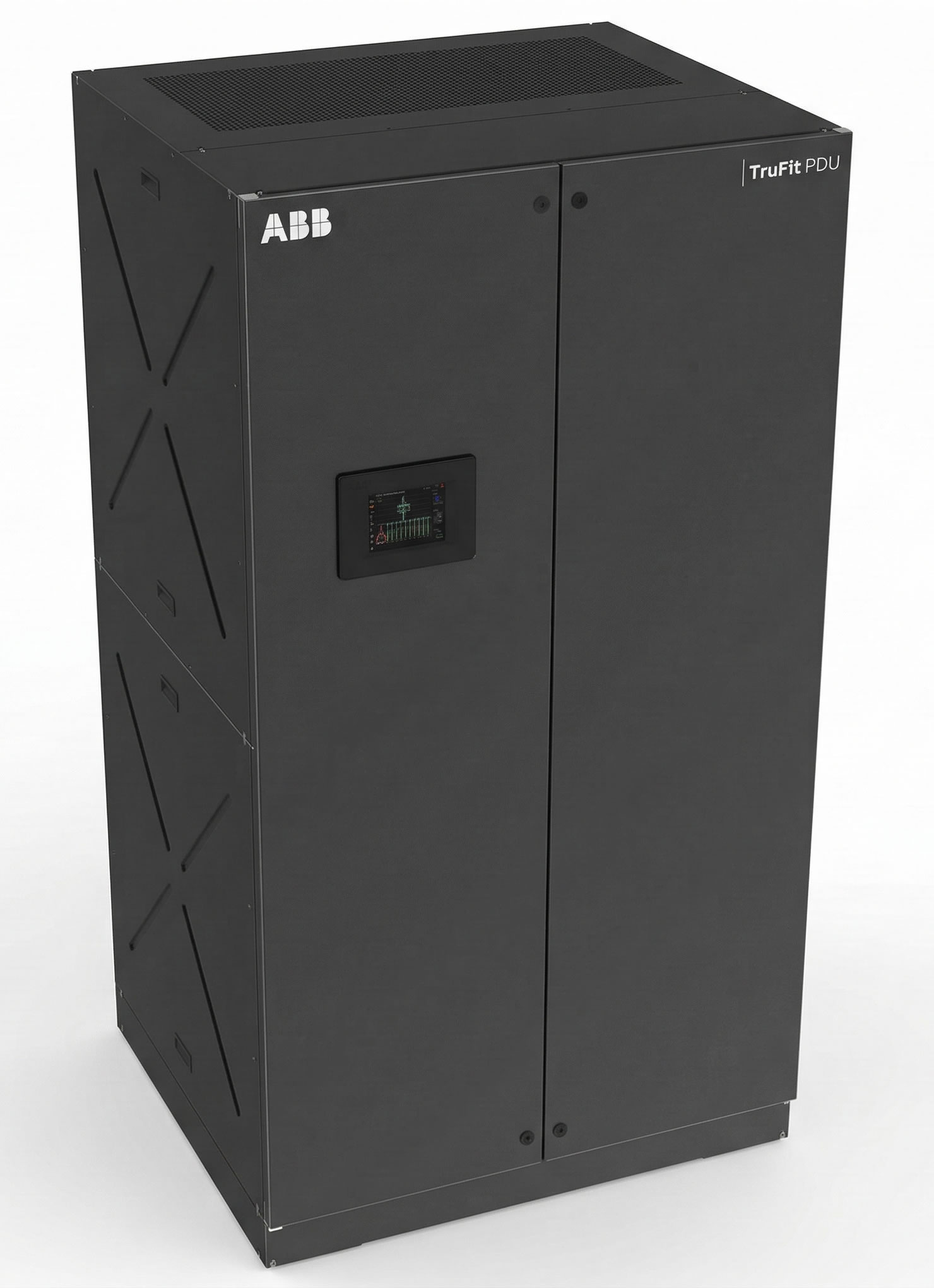 Black TruFit PDU by ABB, featuring a digital display and sleek design for power distribution and management.