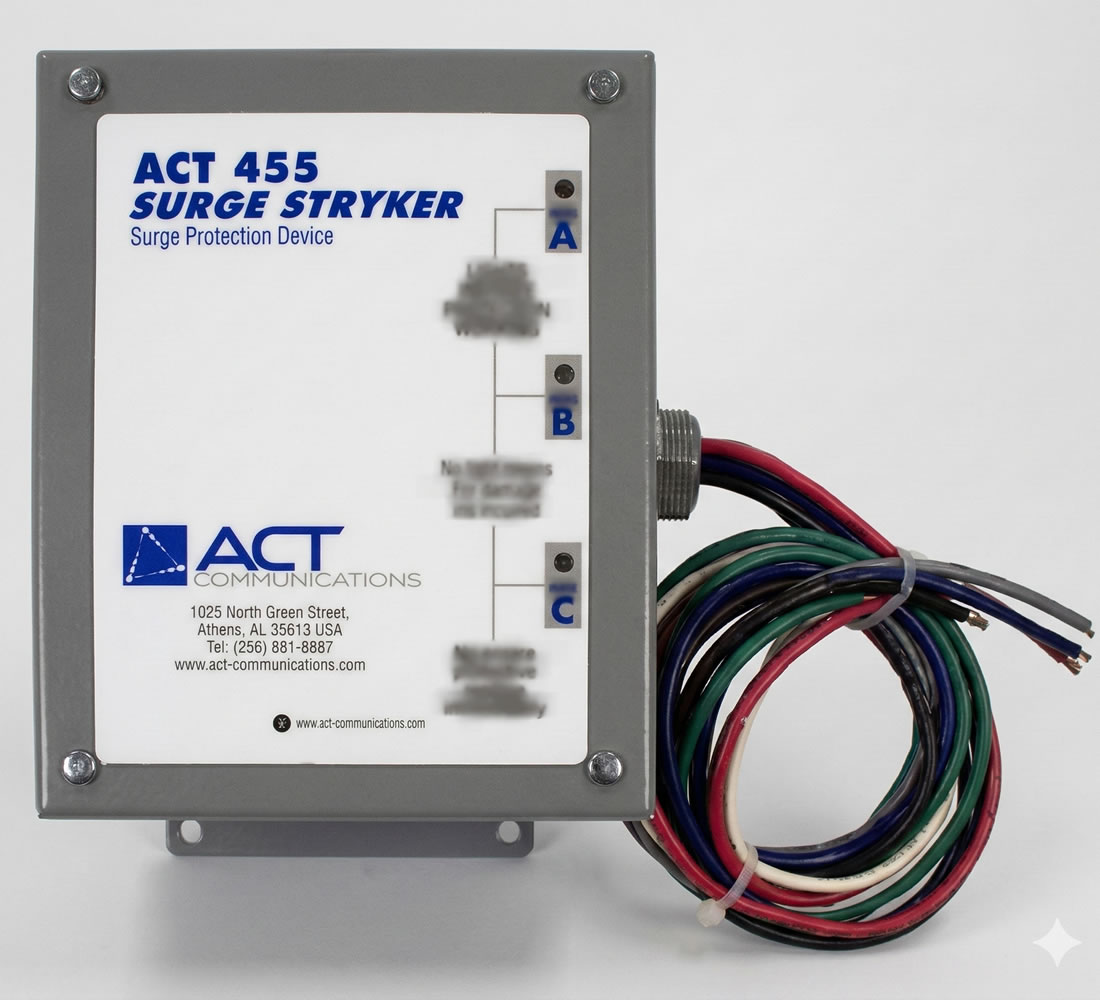 ACT 455 Surge Stryker device with wiring for surge protection by ACT Communications, Athens AL, contact info visible.