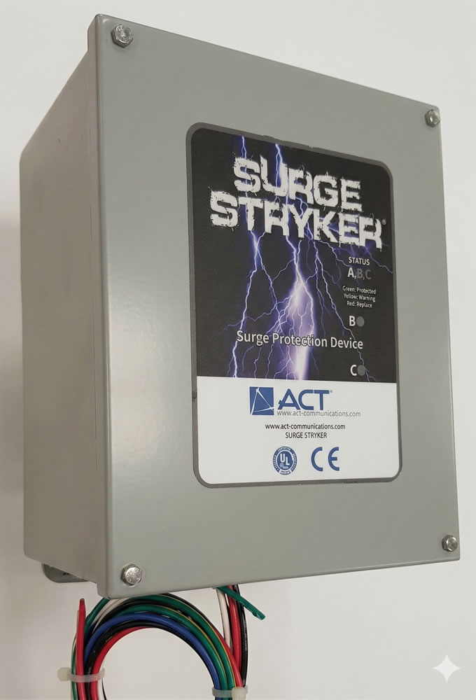 Surge Stryker surge protection device with label and wires, by ACT Communications. For electrical safety and reliability.