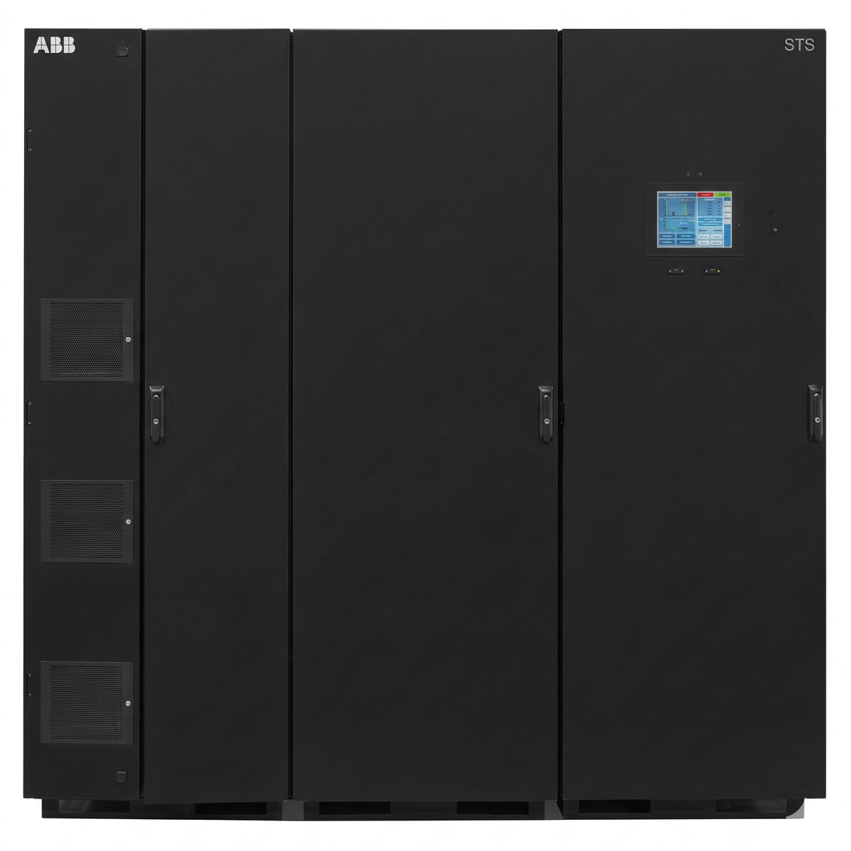 Black ABB STS cabinet with control panel, designed for power management and seamless electrical transfers.