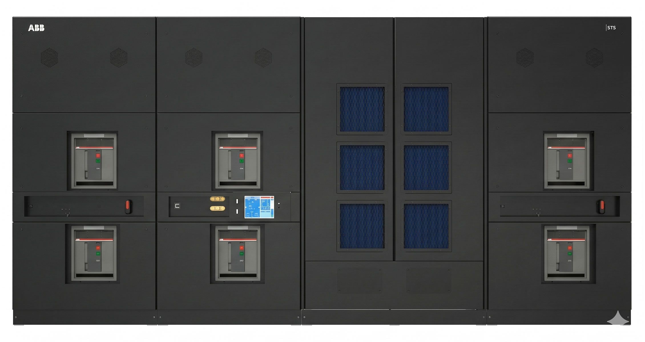 Industrial switchgear panel with circuit breakers and digital display for power management and safety.