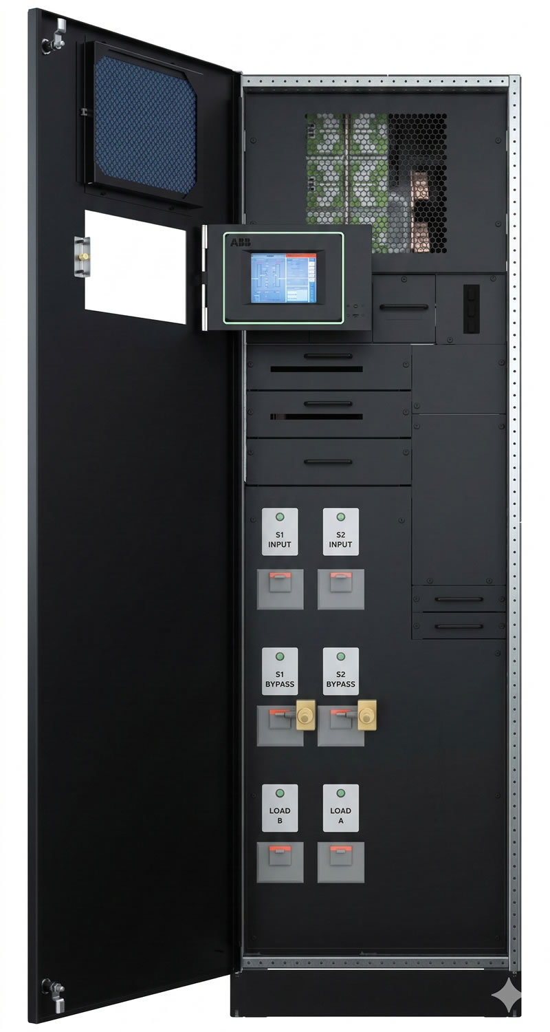 Open black electrical cabinet with control panel, switches, and buttons for power management.