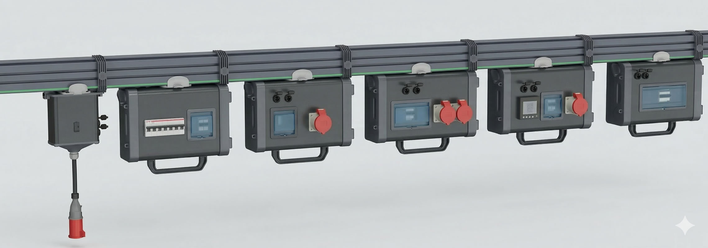 Industrial power distribution modules with outlets and circuit breakers on a mounted rail system.