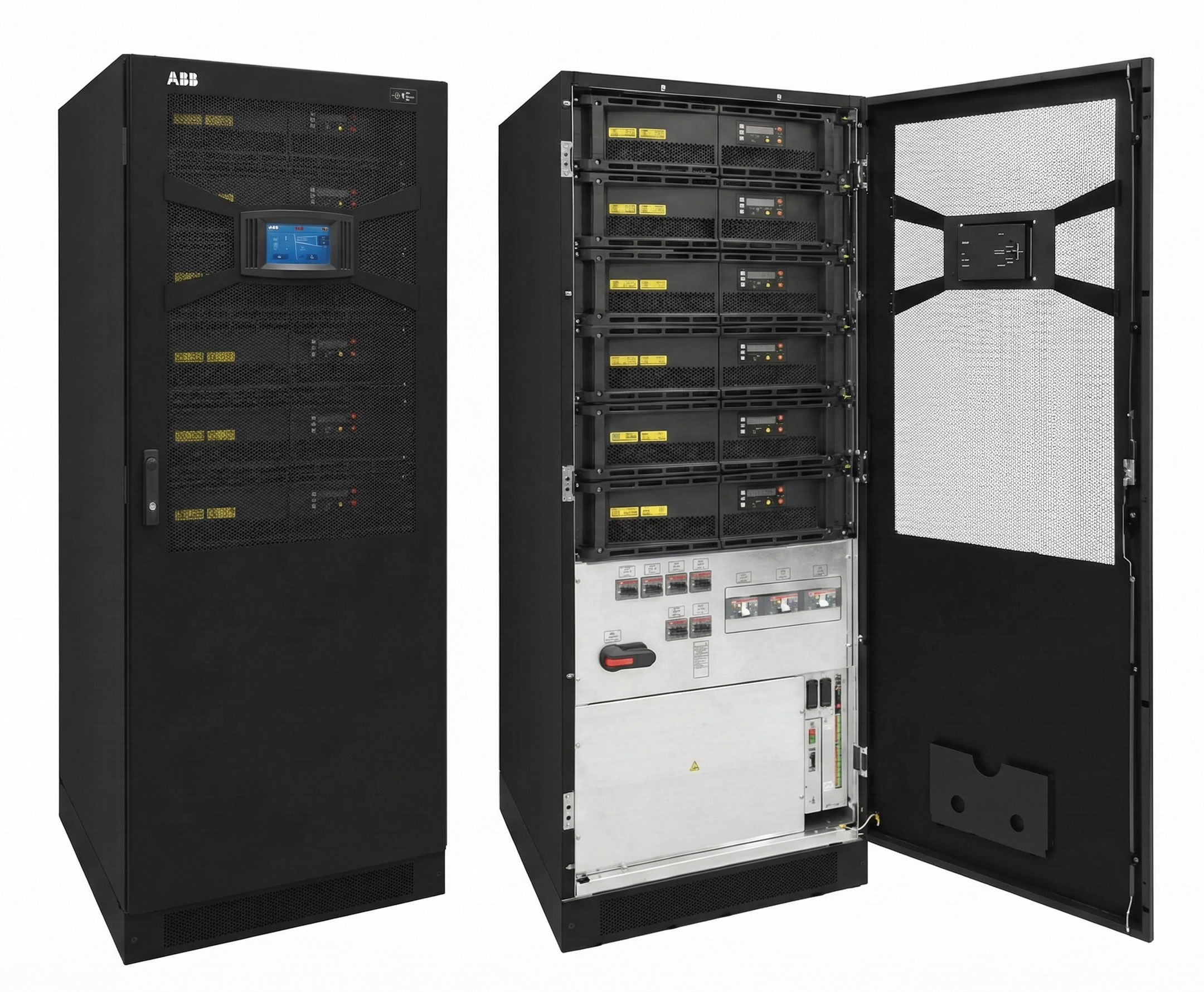 Black server cabinet with open door, displaying multiple stacked units and control panel, ideal for data centers.
