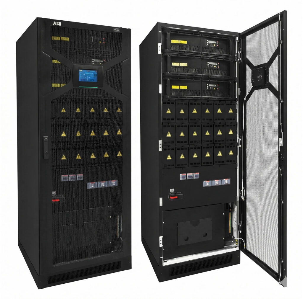 Two black server racks with open and closed doors, showcasing hardware components inside a data center.
