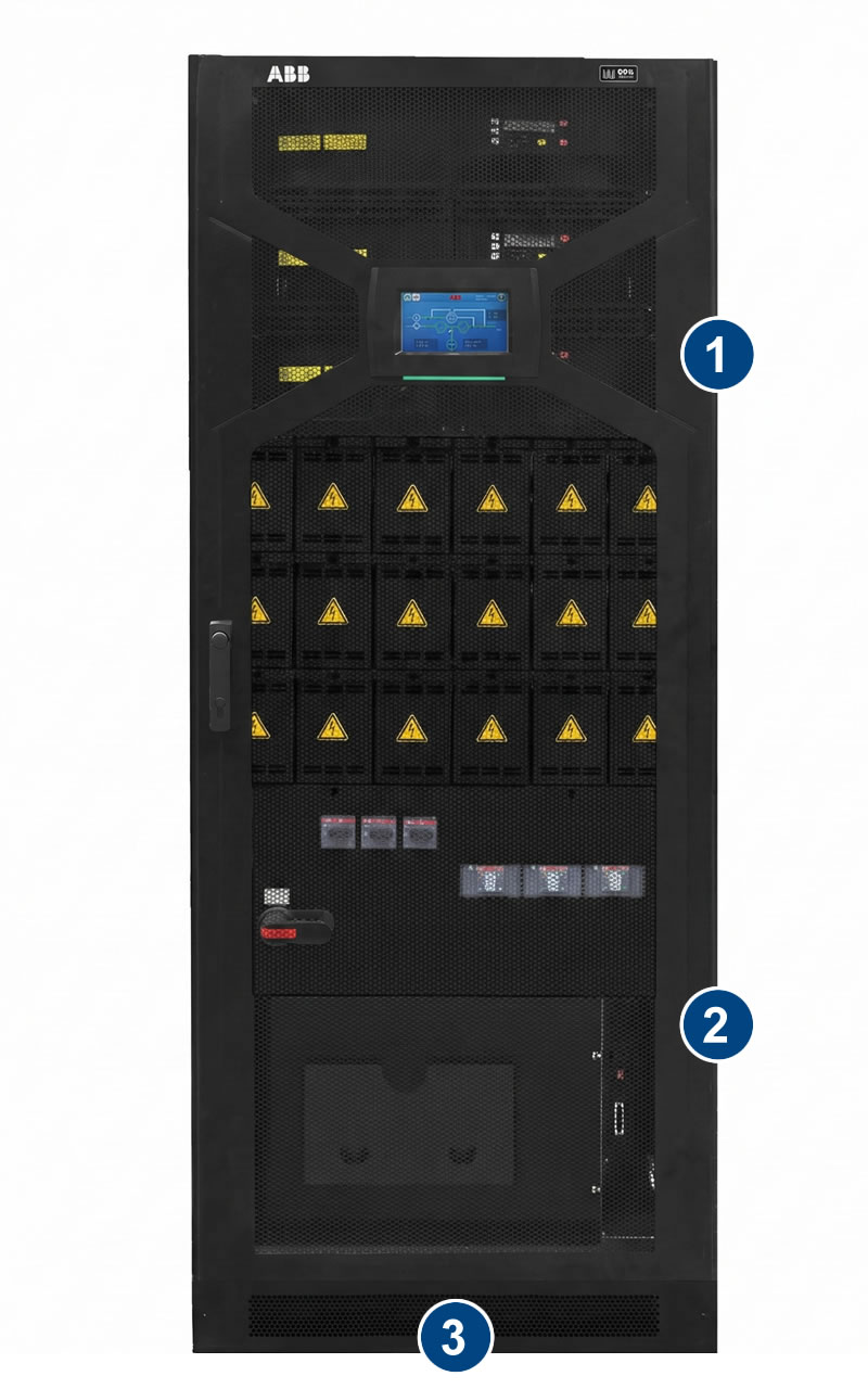 Electrical control panel with screen and warning signs, part of an advanced power distribution system.