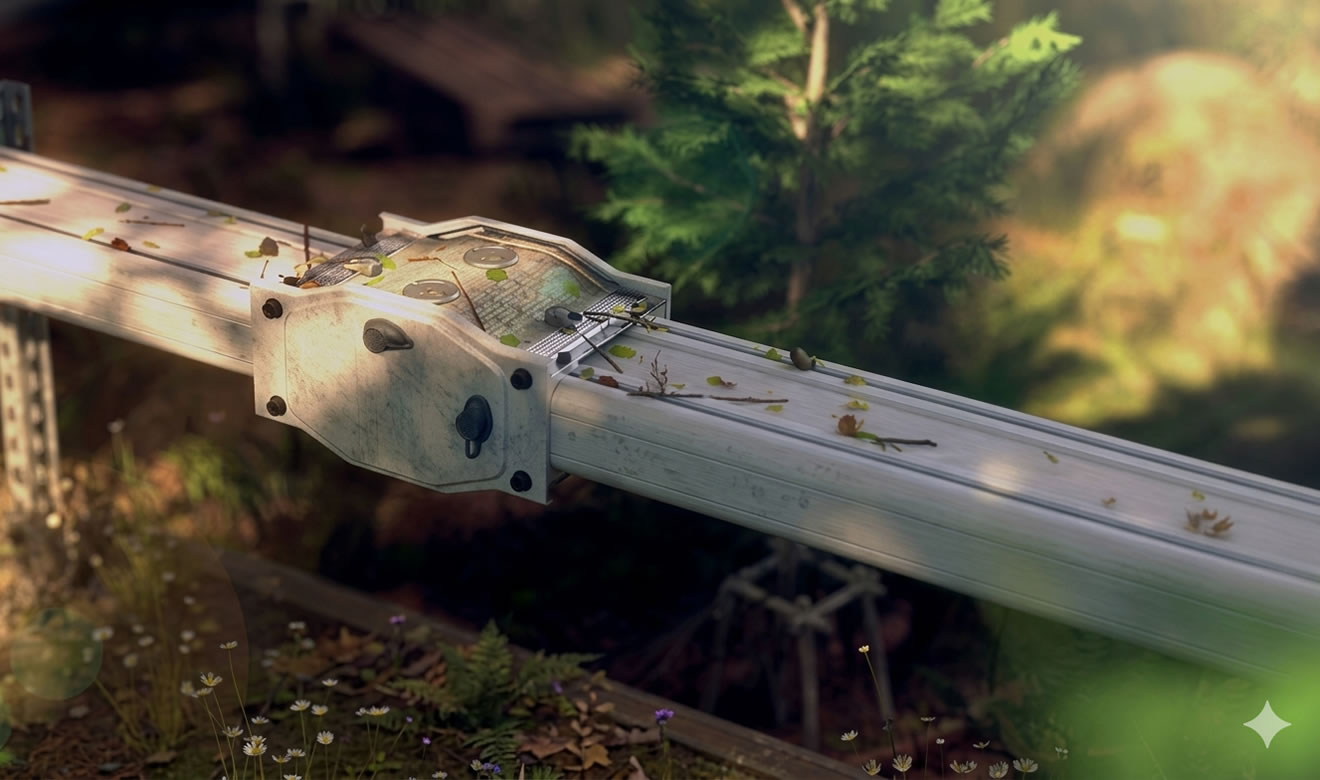 Fallen leaves on a white metal track in a forest setting, surrounded by green foliage and flowers.