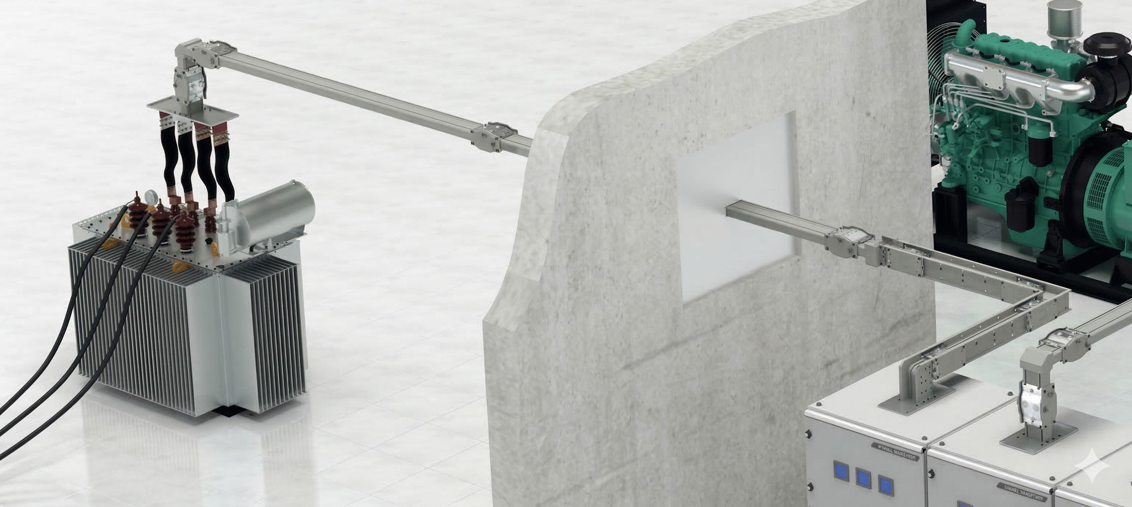 Industrial power transformer setup with cables and generators for efficient electricity distribution.