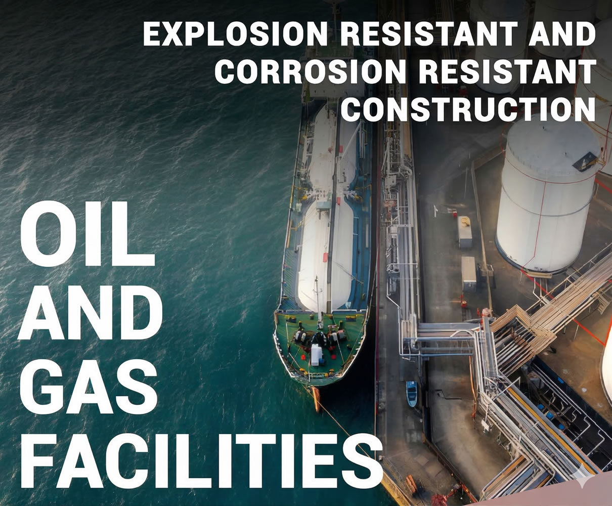 Aerial view of an oil and gas facility with explosion and corrosion resistant construction by the sea.