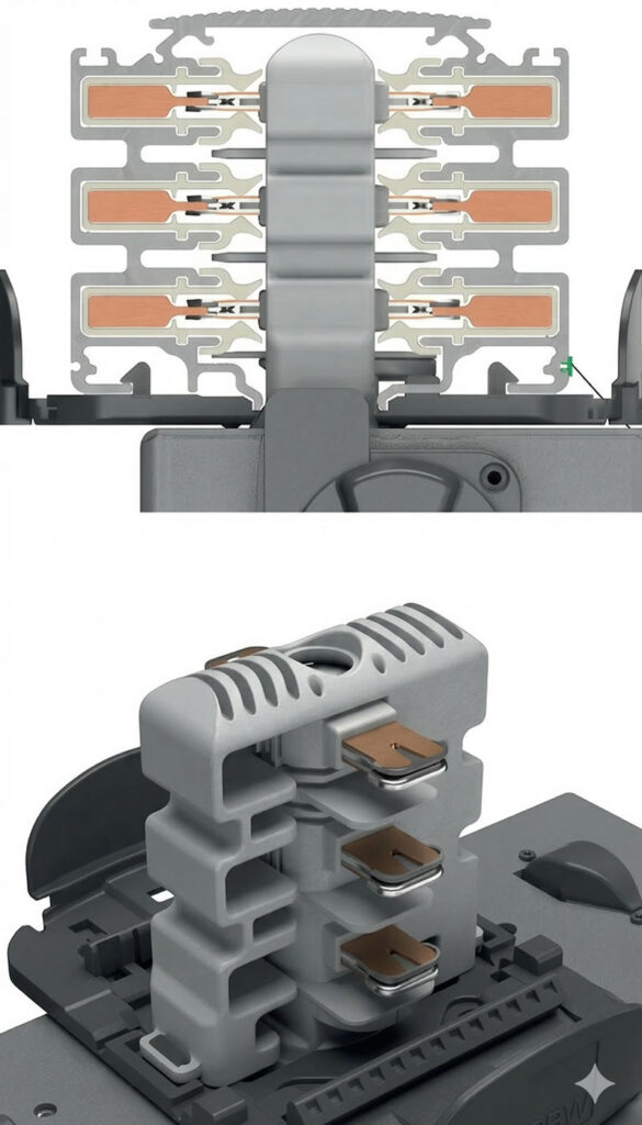 Cross-section of a modern electrical connector with multiple layers and copper wiring for efficient connectivity.