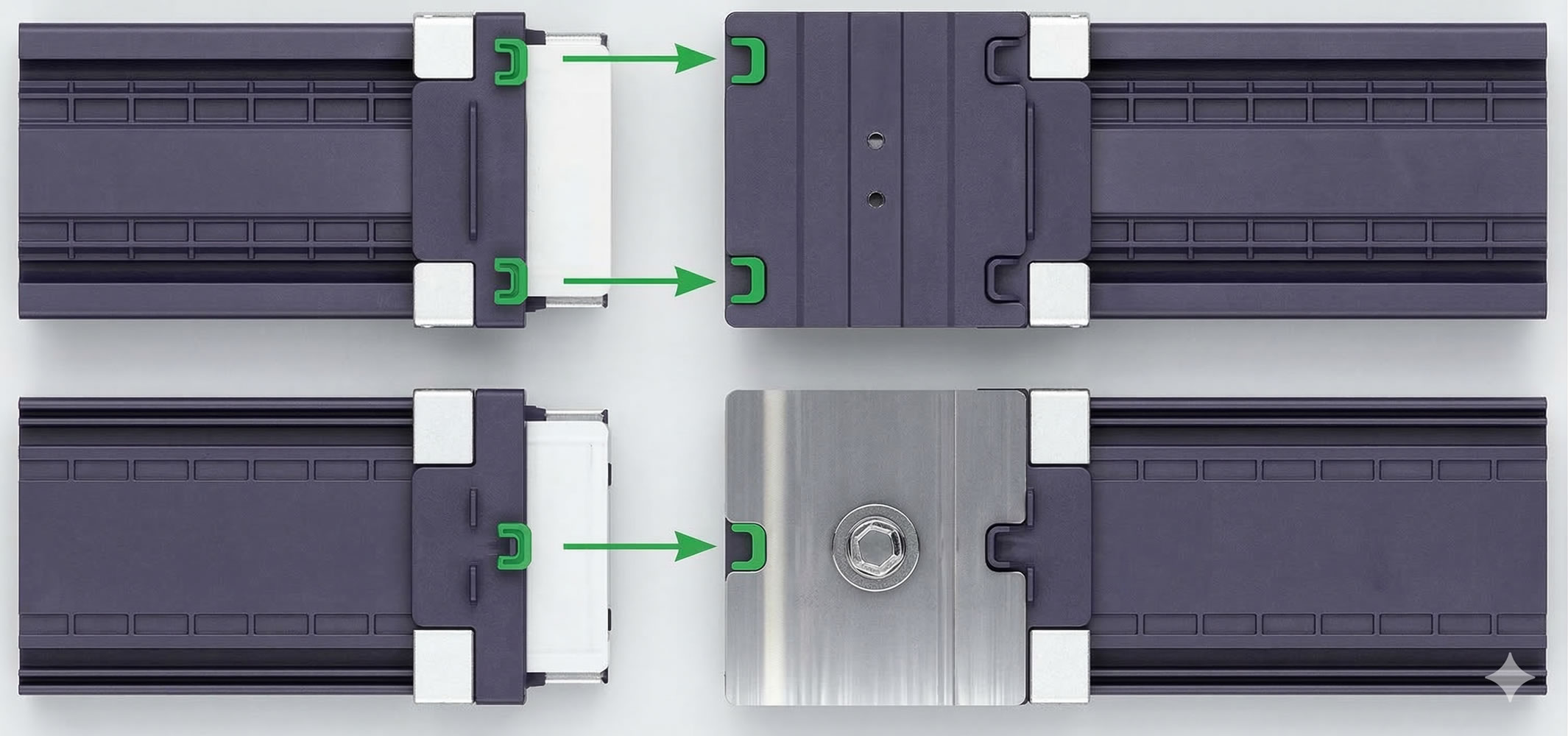 Sliding door mechanism with guide and lock components, showing assembly process with green arrows.