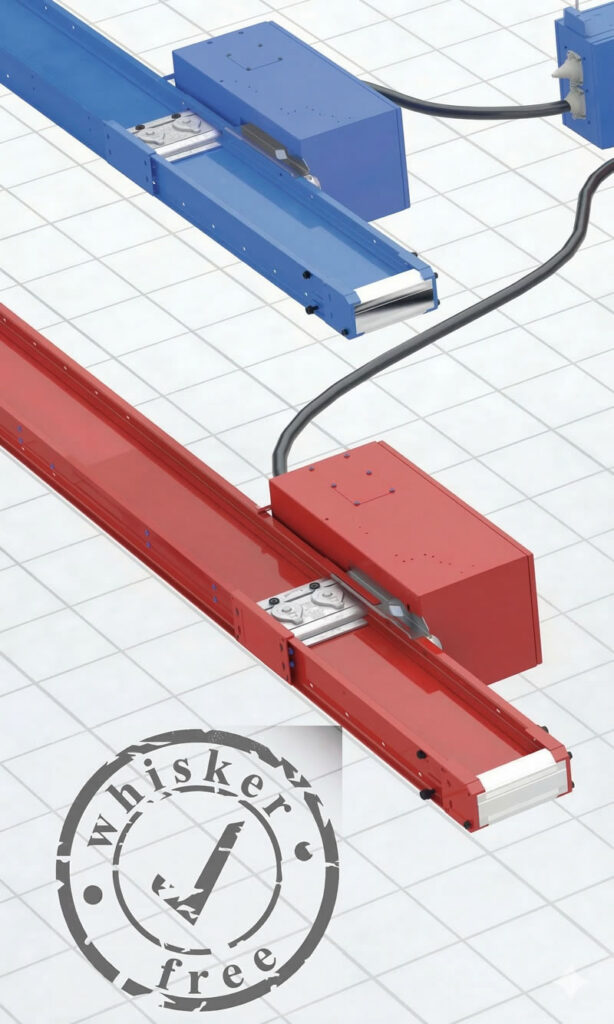 Red and blue linear motion systems on a tiled surface, labeled whisker free.