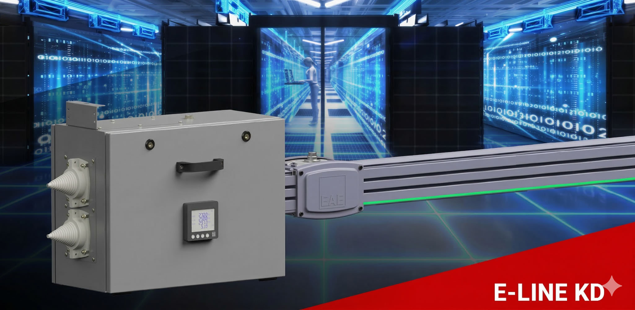 Power distribution unit in a futuristic data center with E-Line KD branding and digital network visualization.