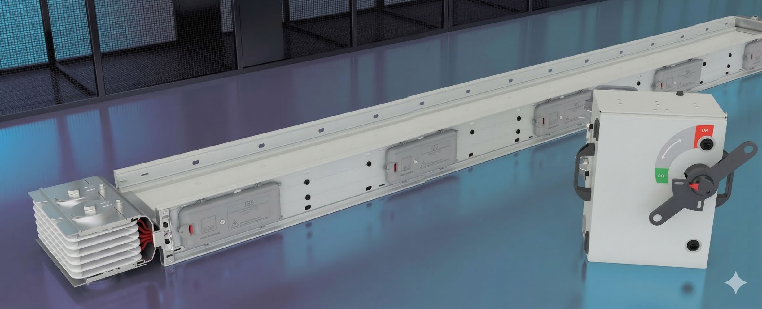 Industrial electrical busbar trunking system with switchgear in a modern facility.