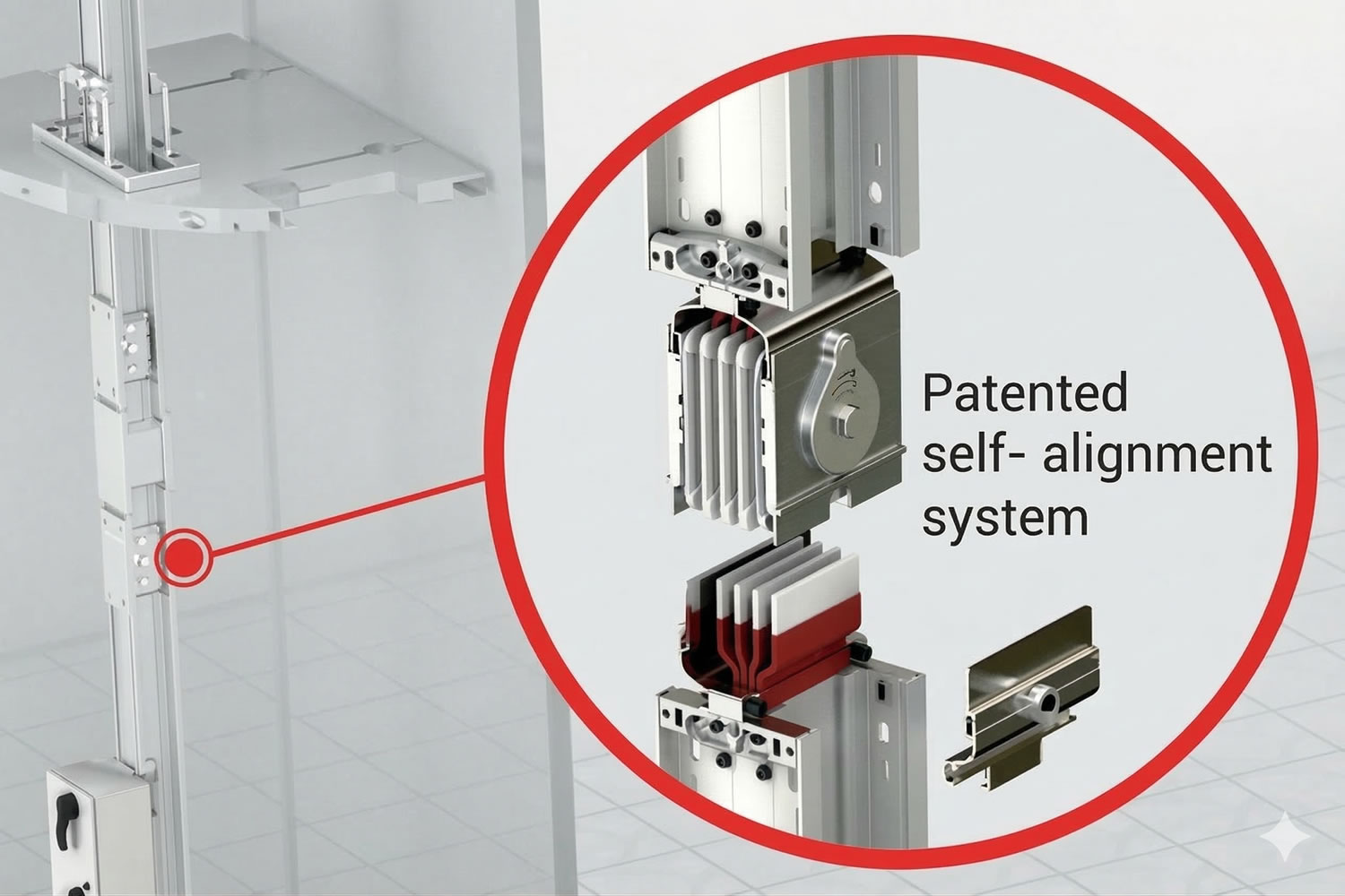 Close-up view of a patented self-alignment system in modern elevator technology for precise installation.