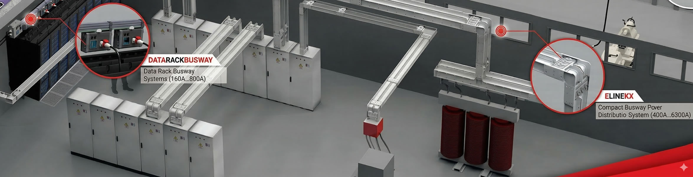 Data rack and busway power distribution system for efficient electrical setup in industrial environment.