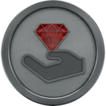 Icon of a hand holding a red gemstone on a circular silver medallion background, symbolizing value and elegance.
