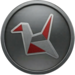 Geometric bird logo in metallic red and grey on a circular dark background.