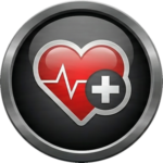 Heart health icon with red heart, EKG line, and medical cross on a circular black and silver background.