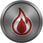 Red flame icon on a silver metallic circular badge, symbolizing energy or heat.