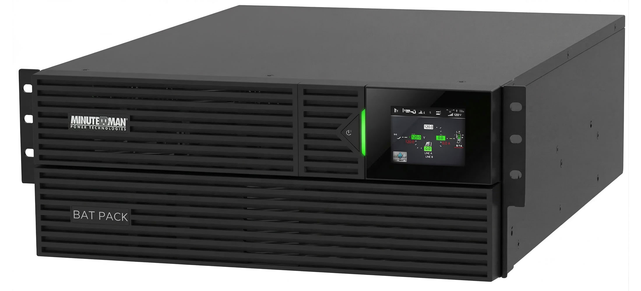 Black Minuteman rackmount battery backup showing digital display and ventilation grilles for power management.