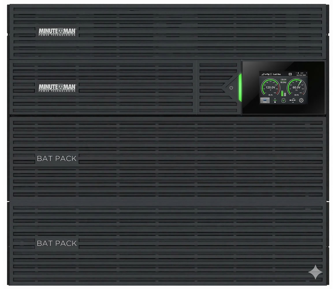 Minuteman power backup with Bat Pack, featuring digital display for voltage and frequency monitoring.