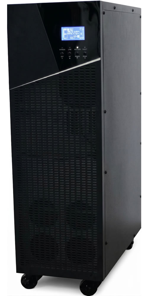 Black uninterruptible power supply (UPS) tower with digital display and wheels for easy mobility.