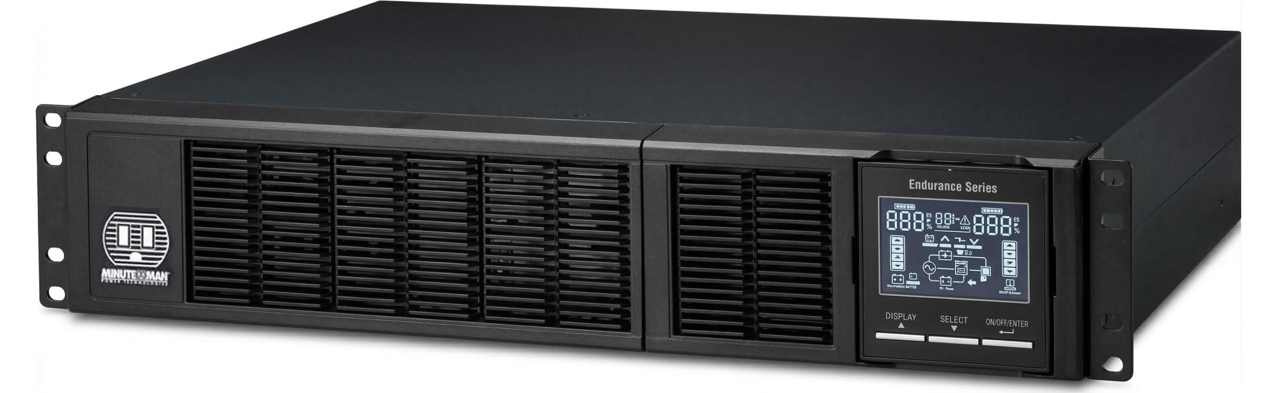 Rack-mounted uninterruptible power supply (UPS) with digital display, part of the Endurance Series by Minuteman.