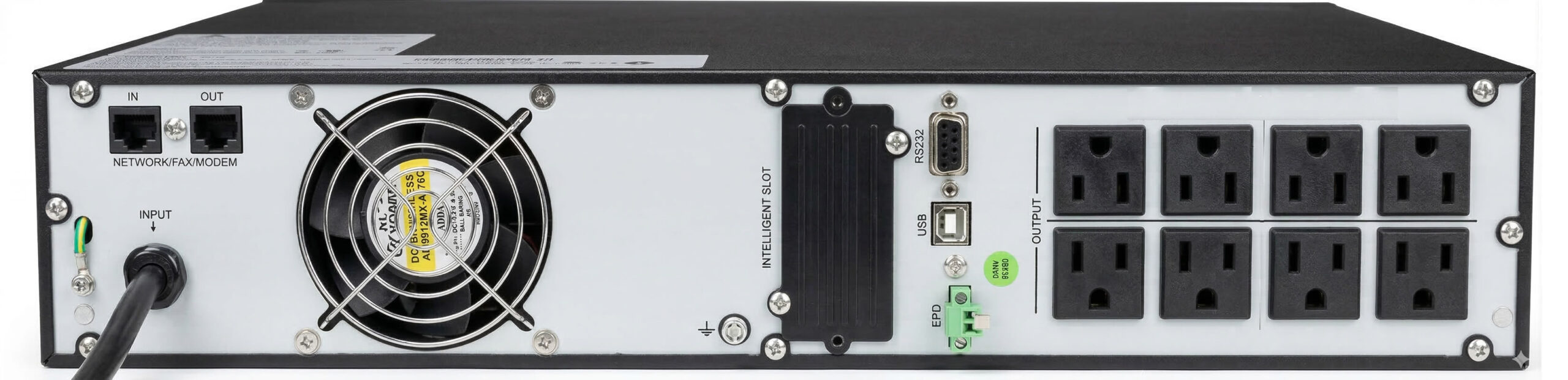 Rear view of an uninterruptible power supply with network modem ports, USB, RS232 connection, and six AC outlets.