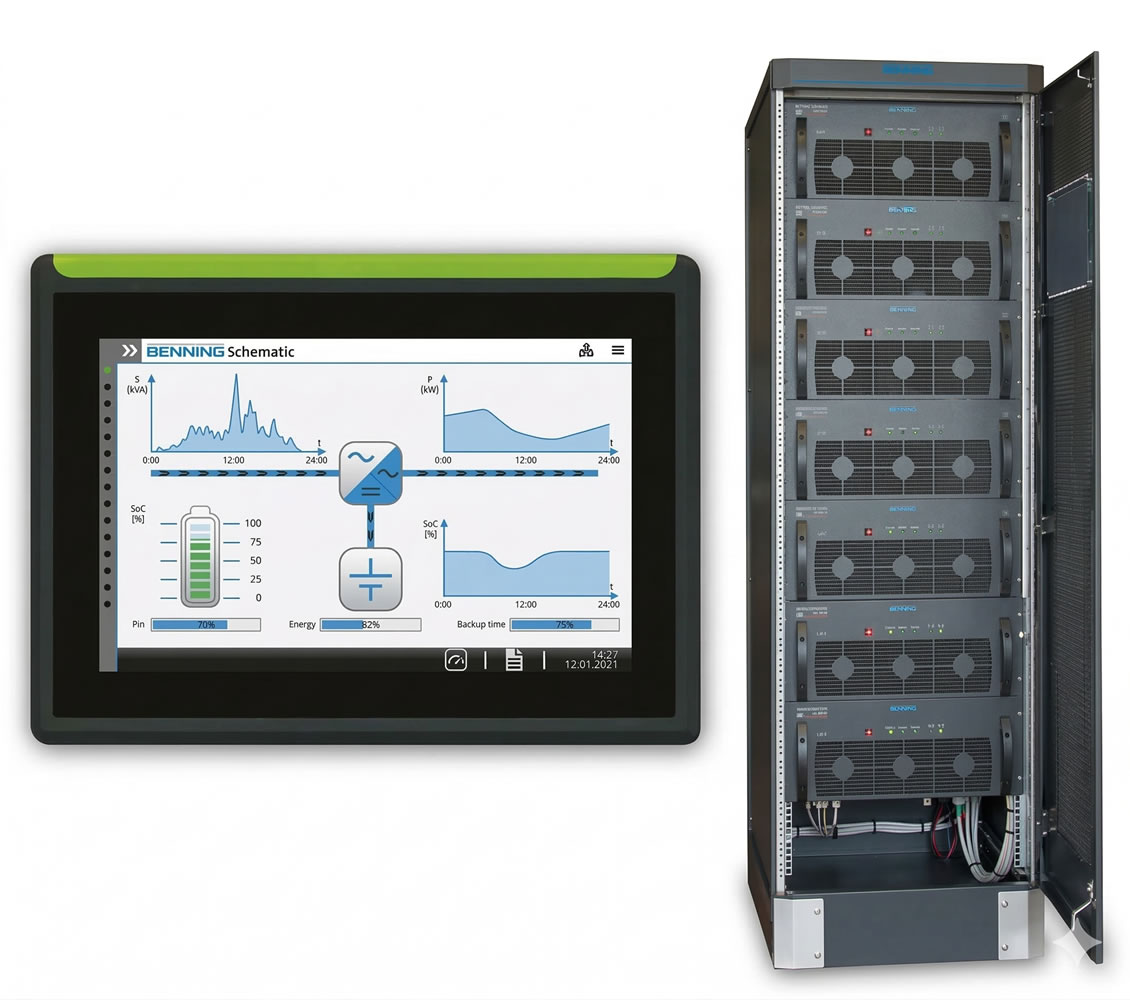 Touchscreen display with energy management chart next to a rack of power storage units.