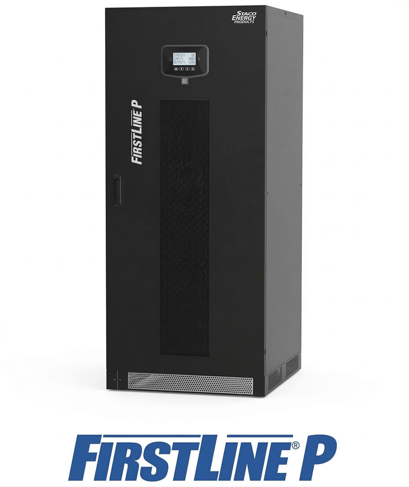 FirstLine P UPS system by Staco Energy, black cabinet with display for power management efficiency.