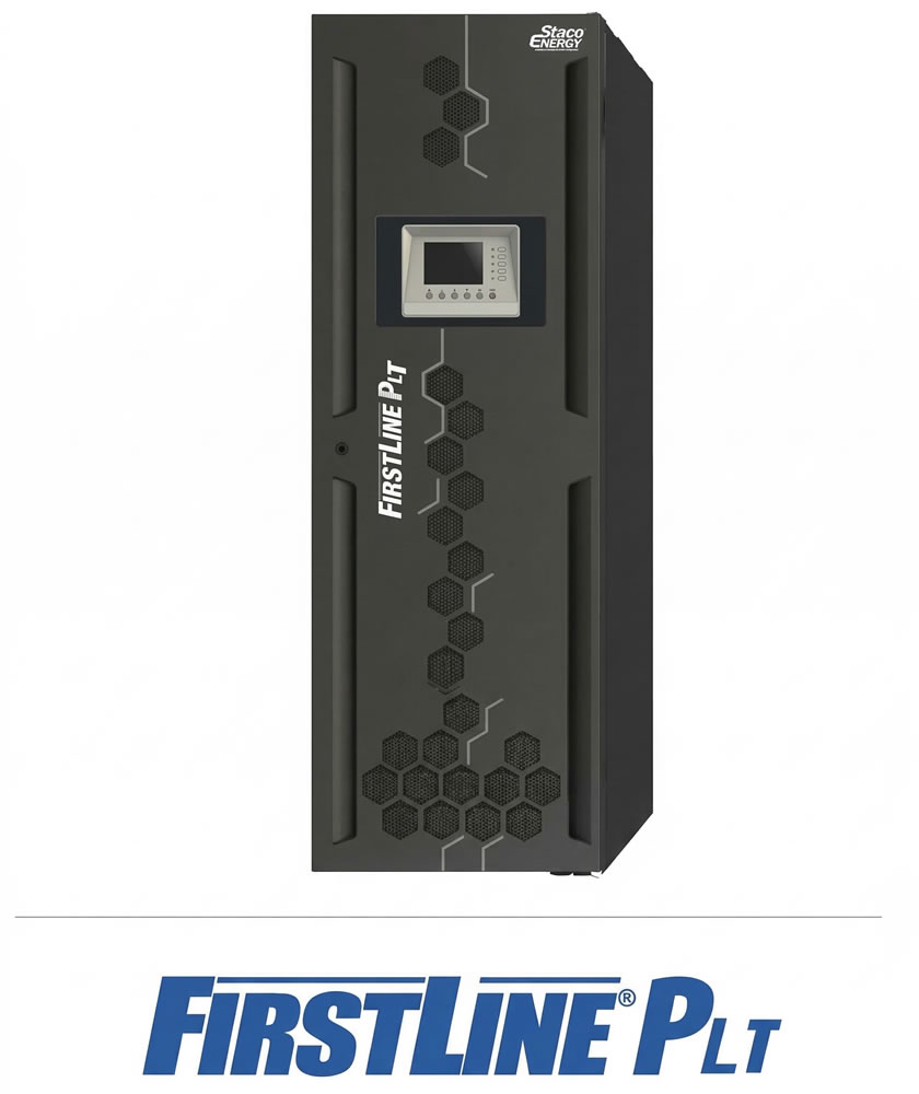 FirstLine PLT UPS system by Staco Energy, featuring a sleek black design with honeycomb patterns.