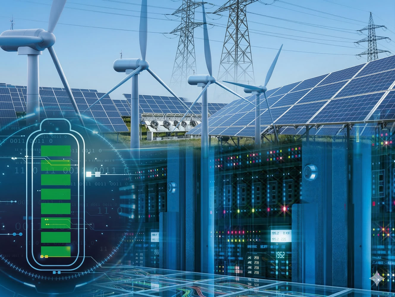 Renewable energy network: wind turbines, solar panels, battery storage, and data center technology.