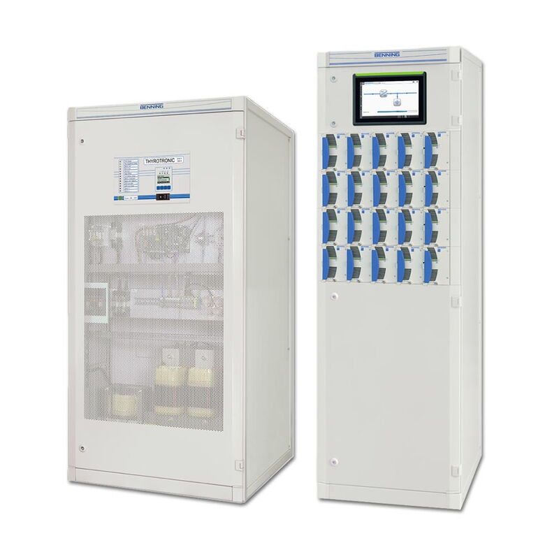 Two industrial electrical cabinets with control panels and circuit breakers.