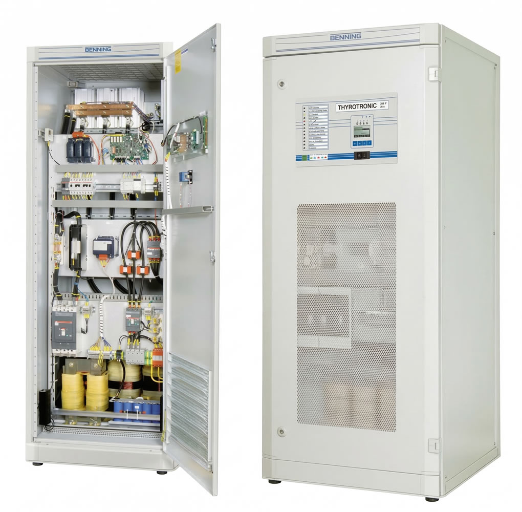 Electrical equipment cabinet with open internal view and closed front panel, showcasing wiring and components.