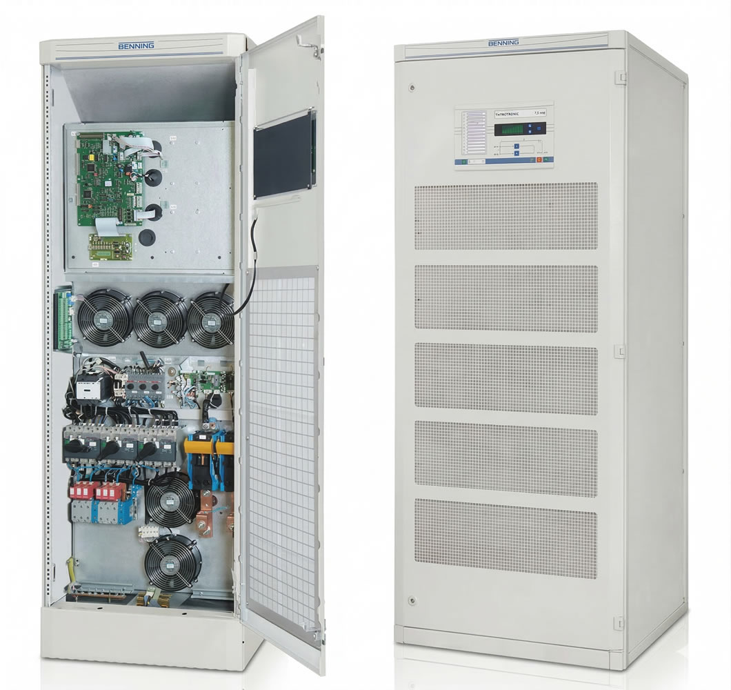 Open and closed view of an industrial power supply cabinet with internal circuitry and cooling fans.