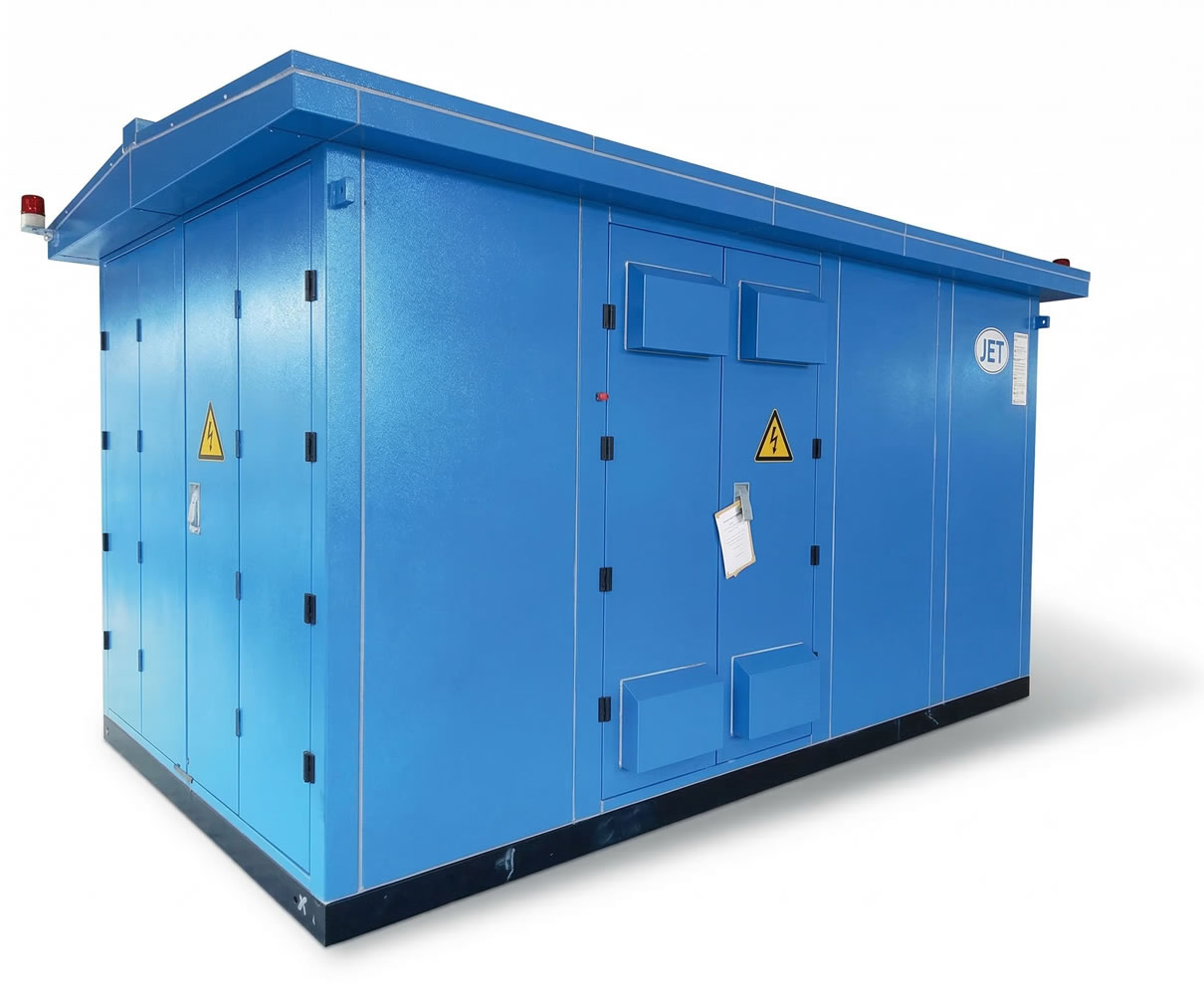 Blue electrical transformer unit with safety warnings and JET branding on a white background.