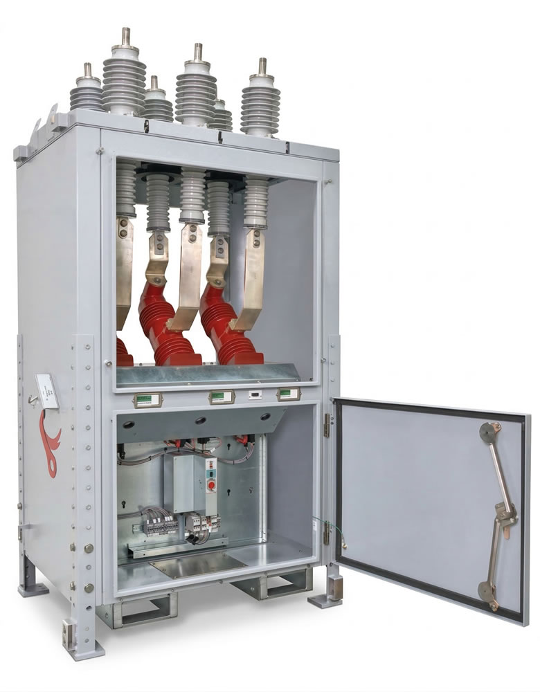 Industrial circuit breaker cabinet with exposed components and open door, showcasing red and silver electrical parts.