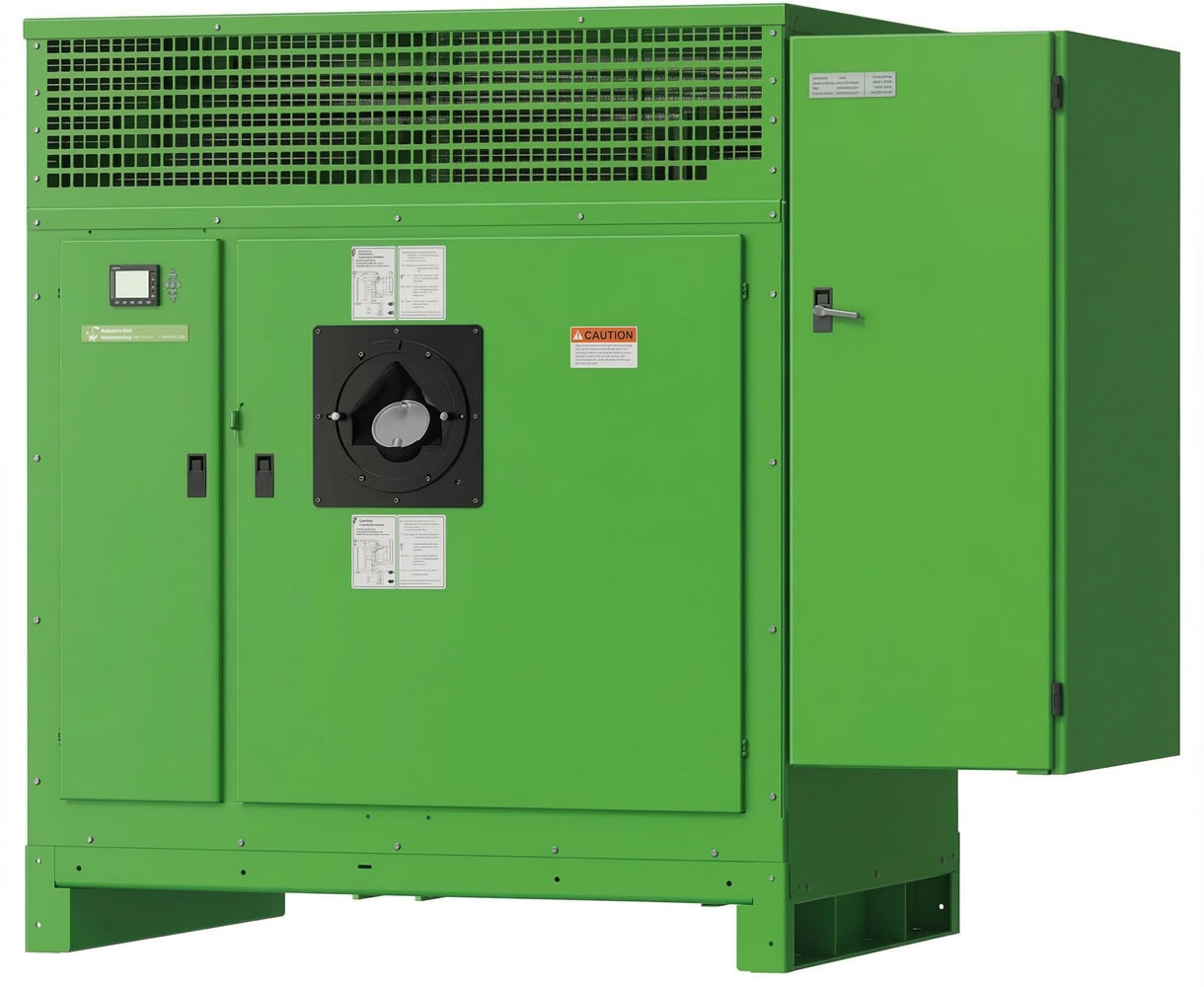 Green industrial generator with ventilation grid and control panel for efficient power supply solutions.