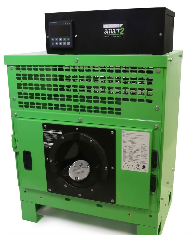 Green industrial generator with digital display and control panel, labeled Smart 2, for power solutions.