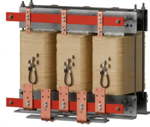 Industrial transformer with copper conductors, showcasing three coils and robust construction for energy distribution.