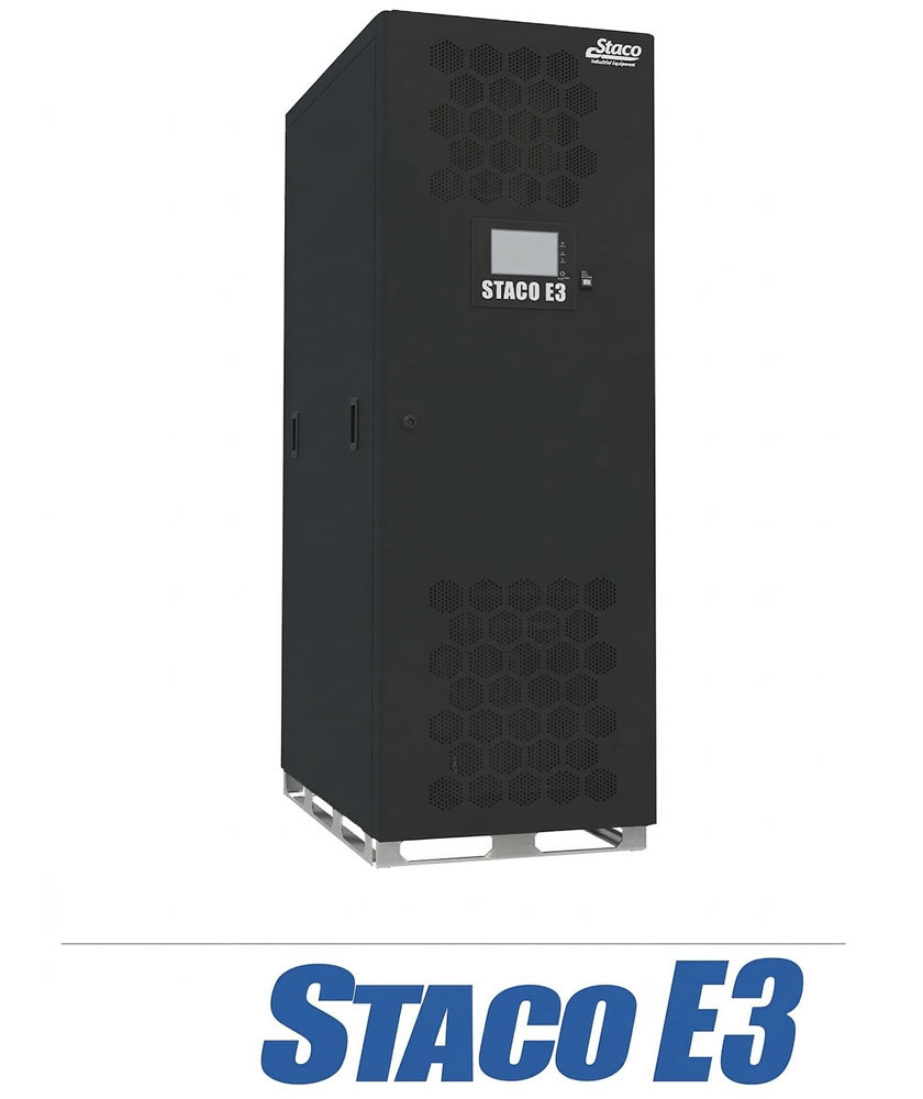 Black Staco E3 uninterruptible power supply unit with vent pattern and touch display.