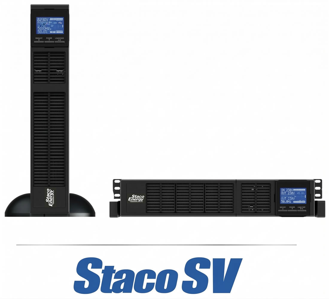 Staco SV power conditioner and UPS system with digital display for voltage regulation and protection.