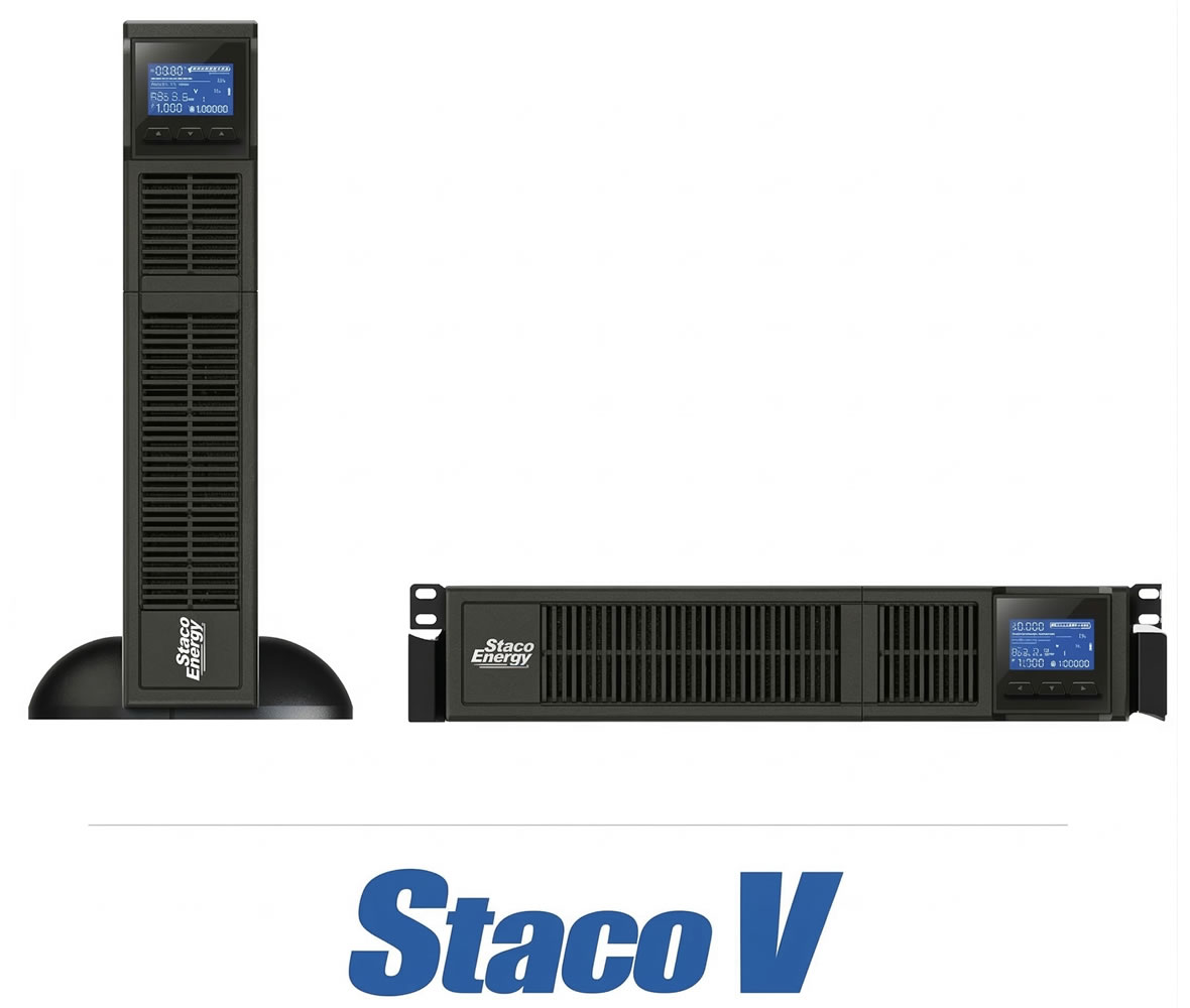 Staco Energy V-series UPS system with LCD display for reliable power management.