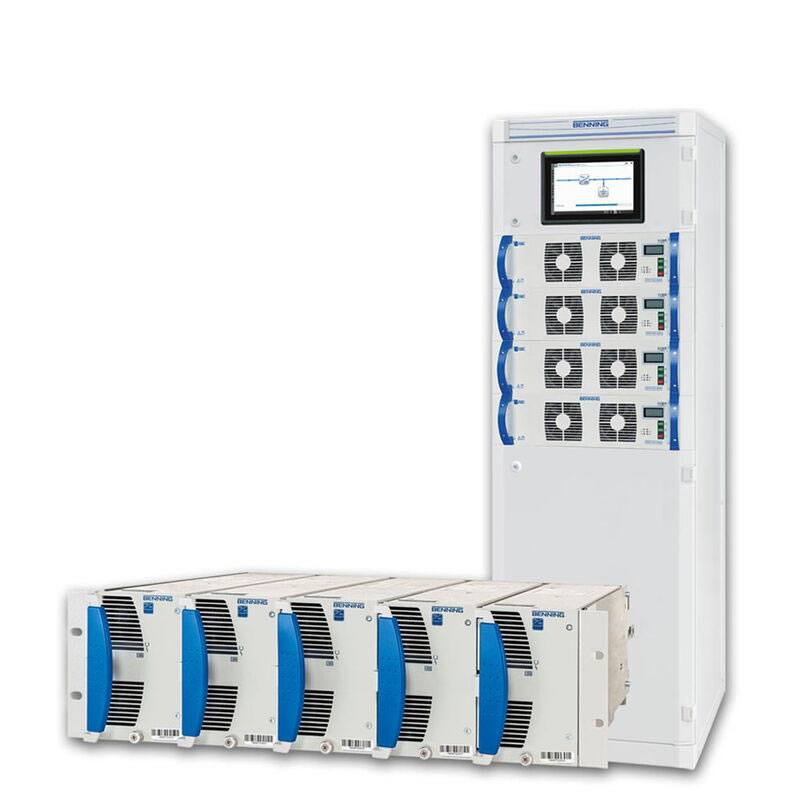 Modular power supply system with blue accents, featuring a white cabinet and several detachable units below.