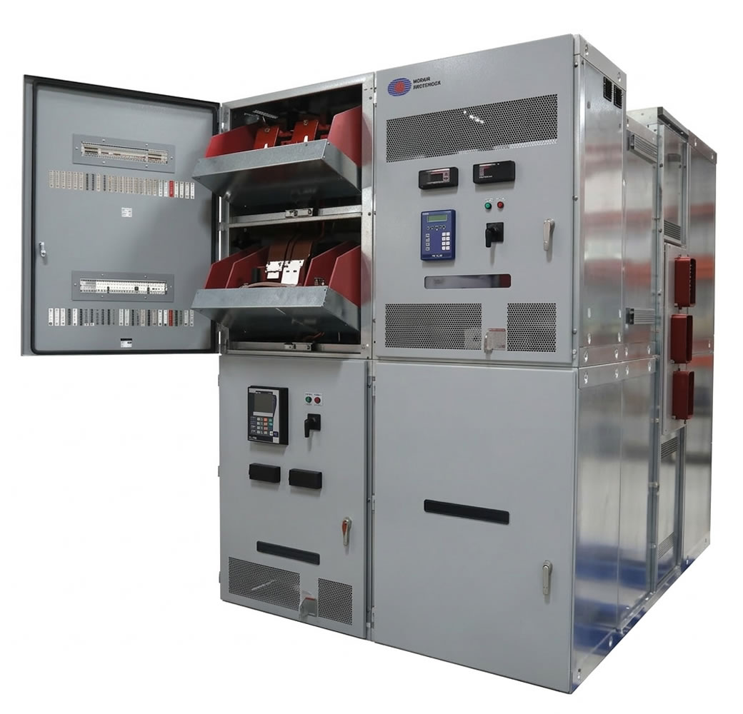 Metal electrical control panel with open compartment, showing internal components and interface controls.