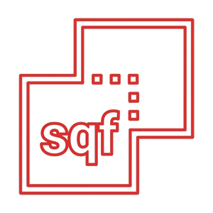 Red geometric logo featuring the letters 'sqf' within overlapping squares and dots design.